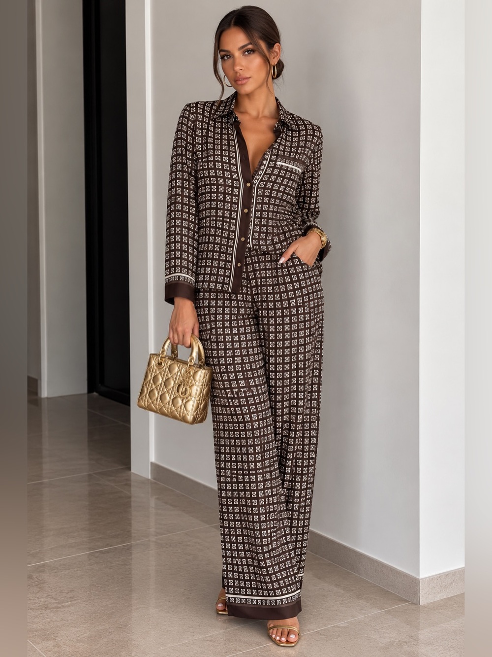 Rachel Zoe Brown Printed Long Sleeve Button Down Wide-Leg Pant Set